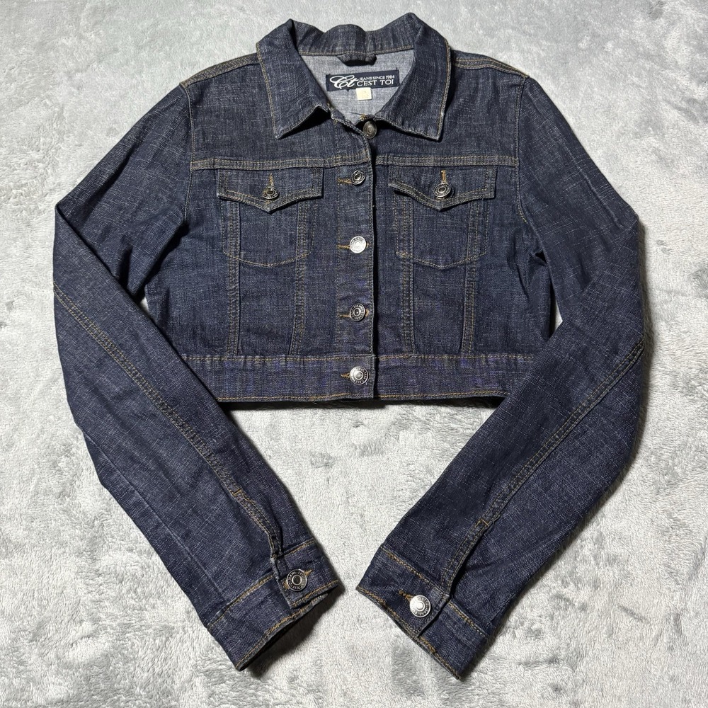 VTG Y2K C'EST TOI Womens Darkwash Cropped Denim Jacket Size S Indie Western